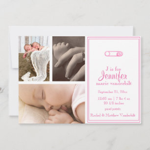 Pin Pink Diaper Pin Baby Photo Invitación