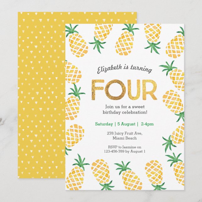 Piña tropical 4 Invitación de cumpleaños (Anverso / Reverso)