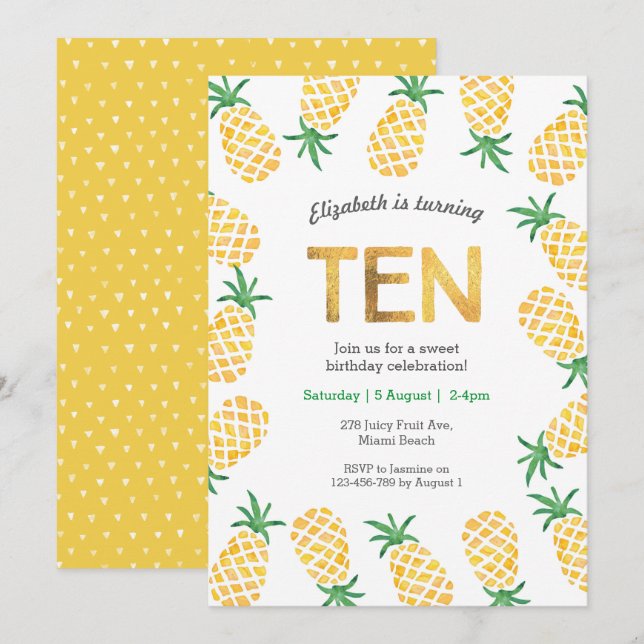 Piña tropical Invitación a cumplir 10 años (Anverso / Reverso)