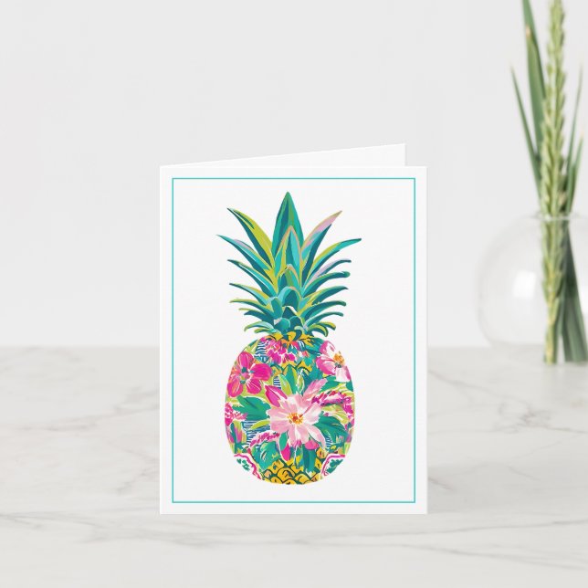 Piña tropical rosa y verde floral (Anverso)