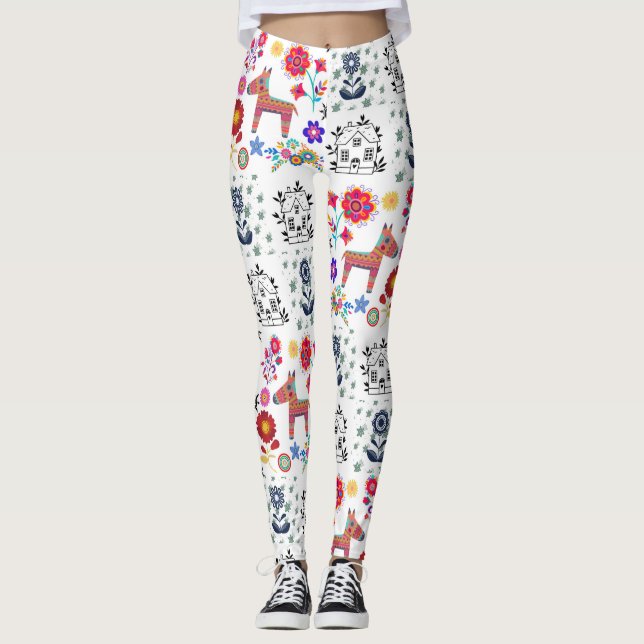 Pinata de Alpaca con Casa Azul y Flores Leggings (Anverso)