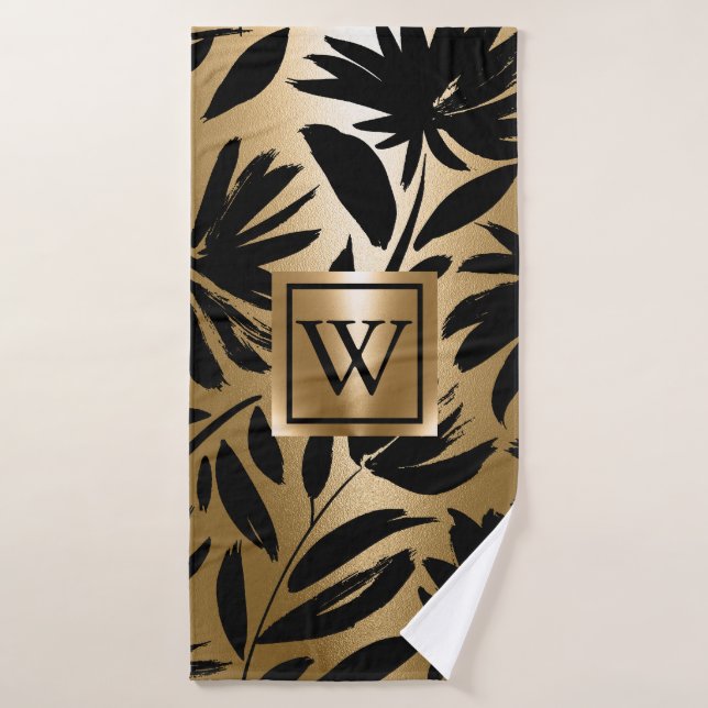 Pincel floral negro y dorado (Toalla de baño)