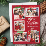 Pincel Script Merry Cinta Cinta Cañón de Navidad R<br><div class="desc">Moderno Guión de Cepillo Feliz Navidad 5 Collage de fotos con Tarjeta Cinta Cinta Cinta Clamada. Fondo Rojo.</div>