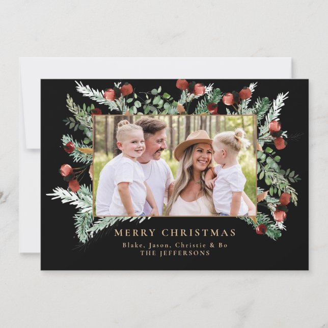 Pine Boughes & Berries Foto de Navidades negros (Anverso)