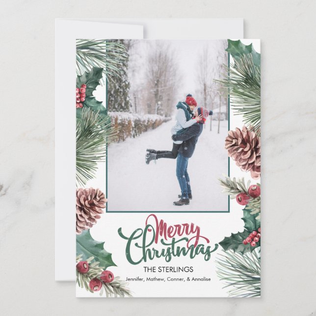 Pine Cone Holly Branch Foto Feliz Navidad (Anverso)