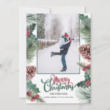 Pine Cone Holly Branch Foto Feliz Navidad