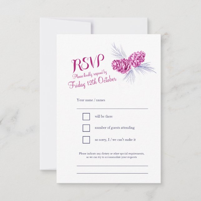 Pine cones marina y boda de ciruela RSVP (Anverso)
