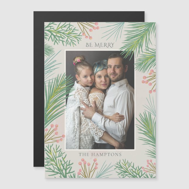 Pine Holly Berry Photo Holiday Magnetic Card (Anverso/Reverso)