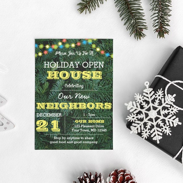Pine Tree String Lights Yellow Holiday Invitación (Subido por el creador)