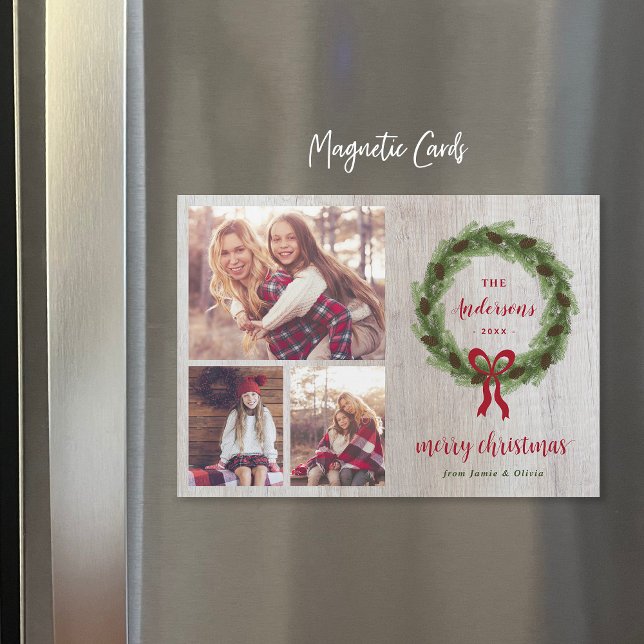 Pine Wreath Merry Christmas Magnetic Photo Card (Subido por el creador)