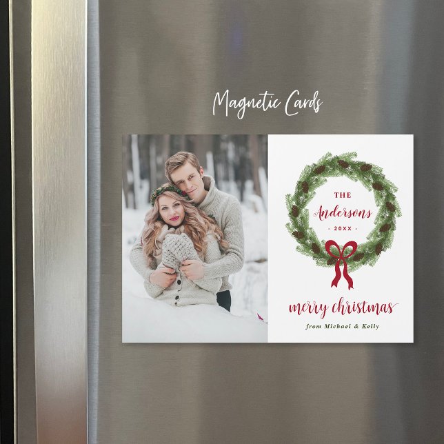 Pine Wreath Merry Christmas Magnetic Photo Card (Subido por el creador)