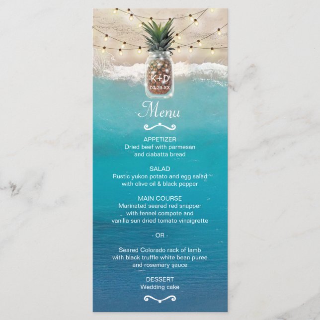 Pineapple Mason Jar Tropical Beach Wedding Menu (Anverso)