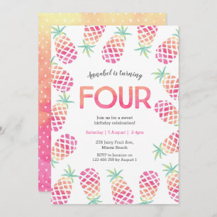 Pineapple tropical rosa 4 cumpleaños Invitación