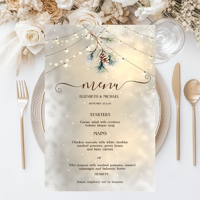 Pinecone String Lights Winter  Wedding Menu Card (Subido por el creador)