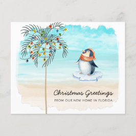 Pingüino barato en la playa nueva tarjeta de vacac