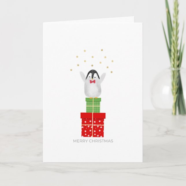 Pingüino Bebé de Navidad de Pie sobre Regalos (Anverso)