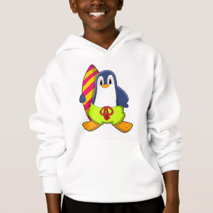 Pingüino como surfista con tabla de surf