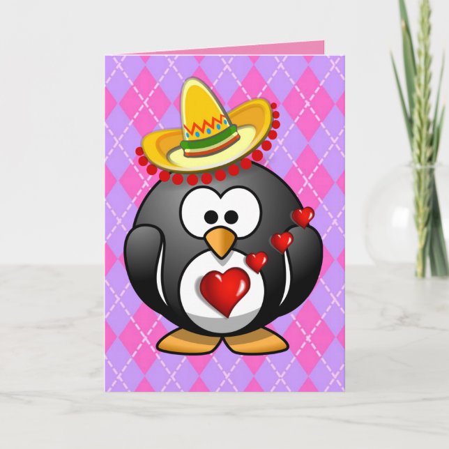 Pingüino con tarjeta de saludo el día de San Valen (Anverso)
