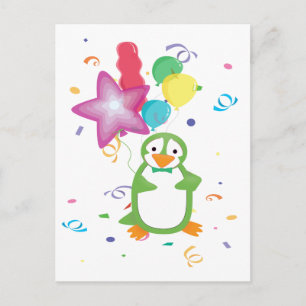 Pingüino de cumpleaños verde con postal de globos