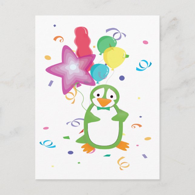 Pingüino de cumpleaños verde con postal de globos (Anverso)