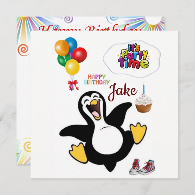 Pingüino de invitación a tarjeta de cumpleaños fel (Anverso / Reverso)
