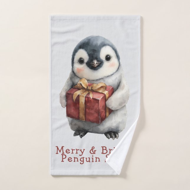 Pinguino de Navidad Alegre y Brillante (Toalla de mano)