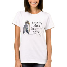 Pingüino de rockhopper de mujer con camiseta "hey,