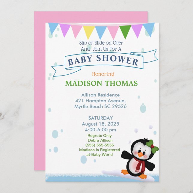 Pingüino En Invitación A Baby Shower De Hielo (Anverso / Reverso)