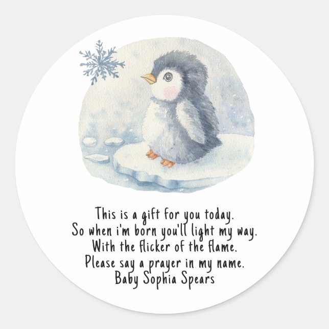 Pingüino. Etiqueta de vela de oración (Anverso)