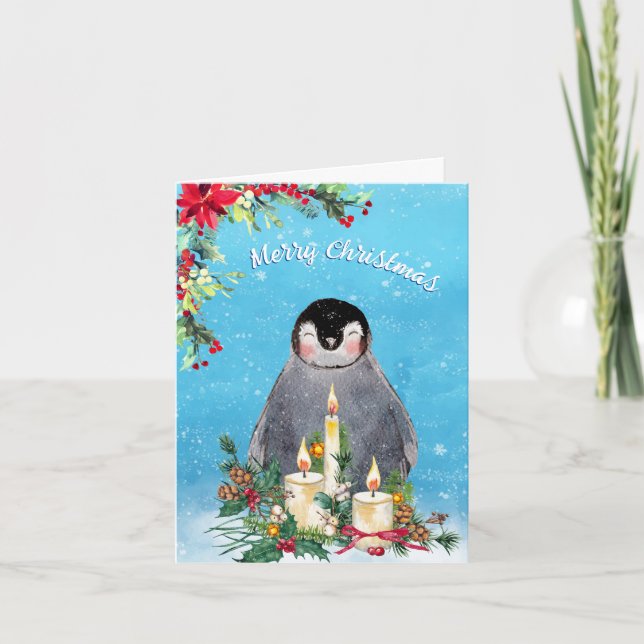 Pingüino Floral acuarela Feliz Navidad (Anverso)