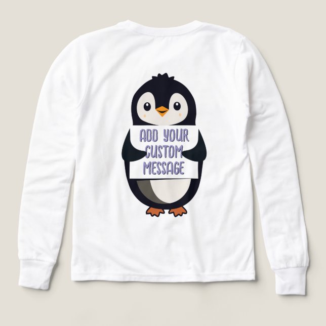 Pingüino juguetón con un letrero para tu mensaje (Diseño trasero)