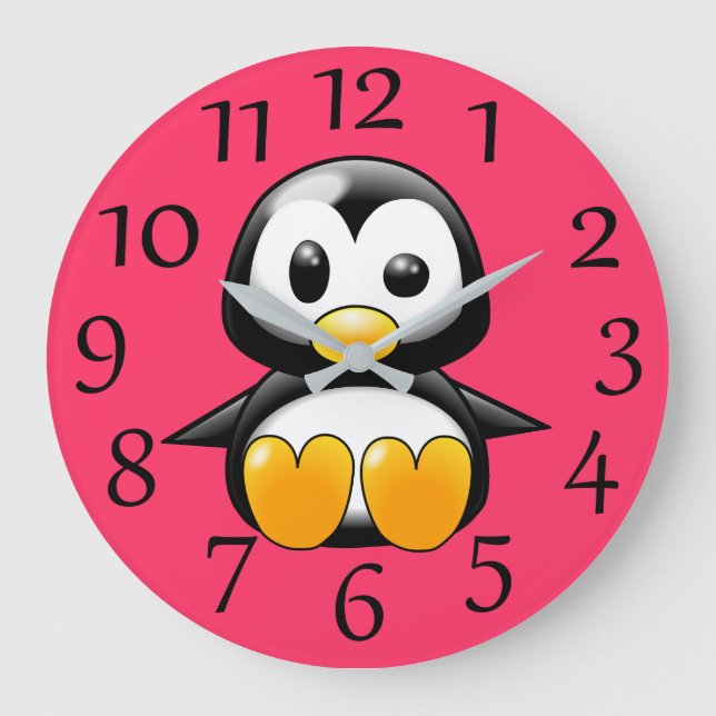 Pingüino lindo en el reloj de pared rosa (Anverso)