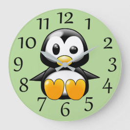 Pingüino lindo en el reloj de pared verde suave