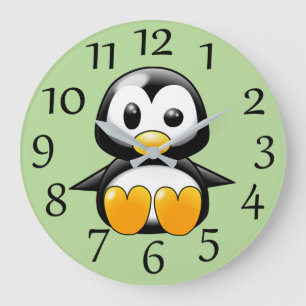 Pingüino lindo en el reloj de pared verde suave