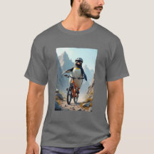 Pingüino montando una camiseta de bicicleta
