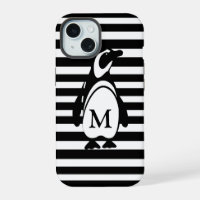 Pingüino negro y blanco y monograma de rayas