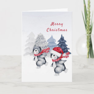 Pingüino Patinaje Árboles Rojo Navidad Acuarela