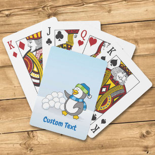 Pingüino pequeño con bolas de nieve ondeando carta