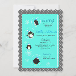 Pingüino redondo ducha de bebé 5 x 7 invitación