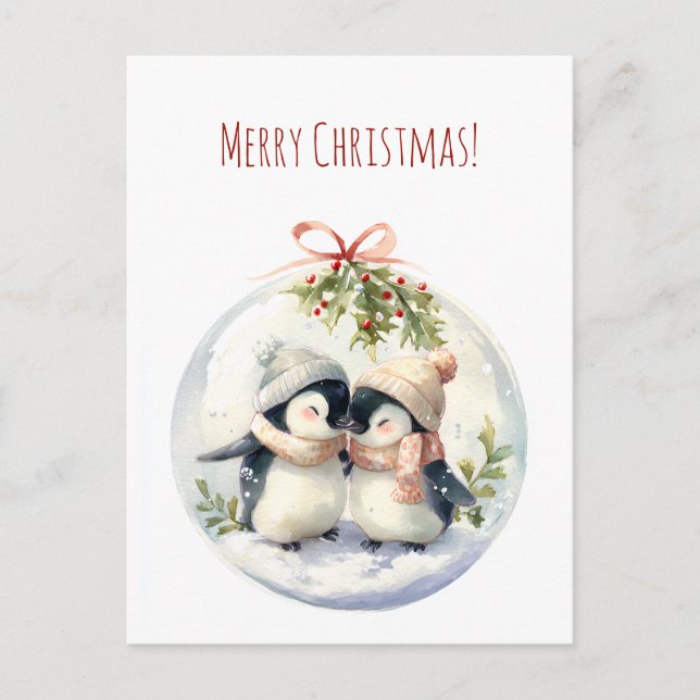 Pingüinos acuarela en Feliz Navidad (Anverso)
