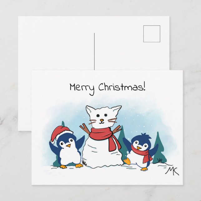 Pingüinos construyendo una Navidad de muñeco de ni (Anverso / Reverso)