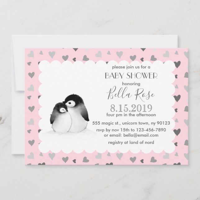 Pingüinos de corazones grises rosados Invitaciones (Anverso)