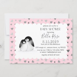 Pingüinos de corazones grises rosados Invitaciones