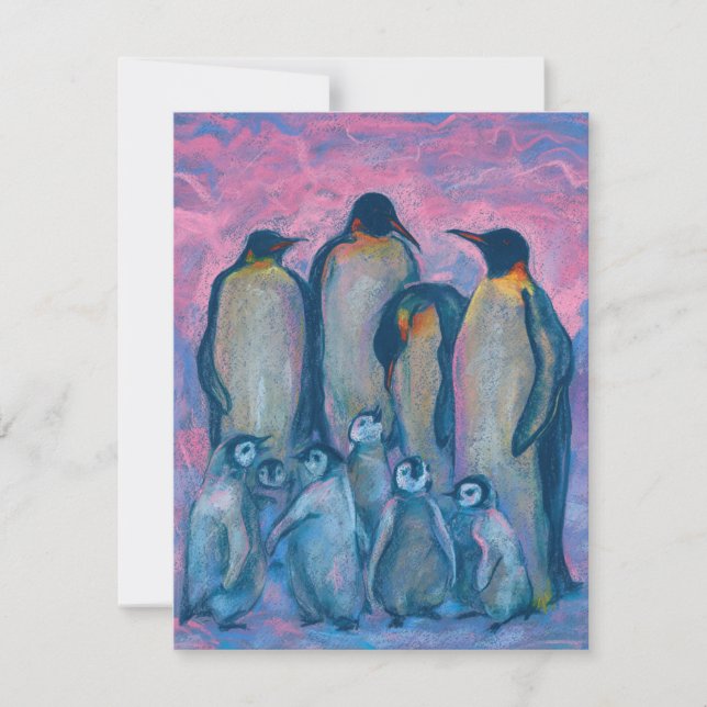 Pingüinos emperadores, pájaros antárticos pintura  (Anverso)