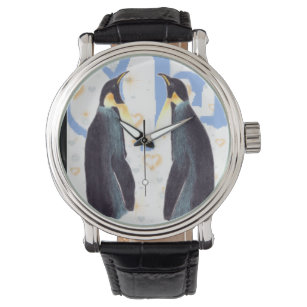 Pingüinos Enamorados Reloj De Correa De Cuero Vint