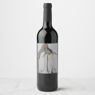 Pingüinos, etiquetas de botellas de vino, pareja,