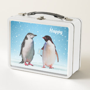 Pingüinos lindos en caja de almuerzo de metal azul