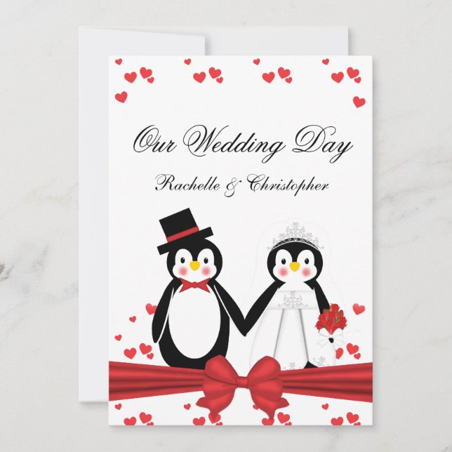 Pingüinos lindos novia y invitaciones de la boda (Anverso)
