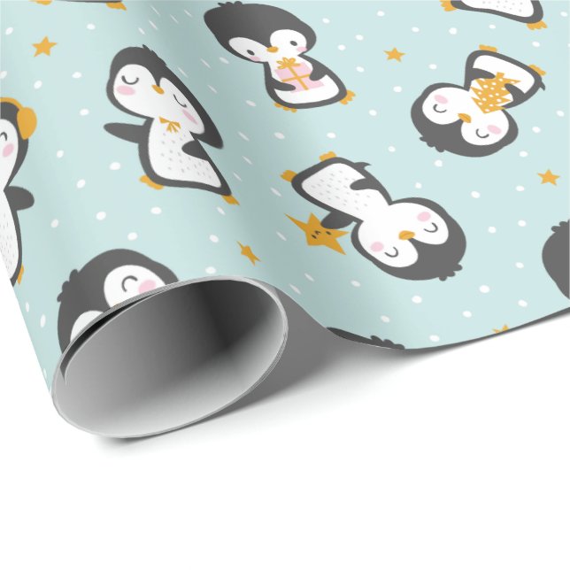Pingüinos navidades escuetos en papel de envolvimi (Esquina del rollo)