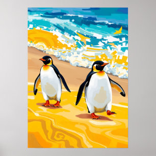 Pingüinos que recorren la playa - Vibrante arte oc